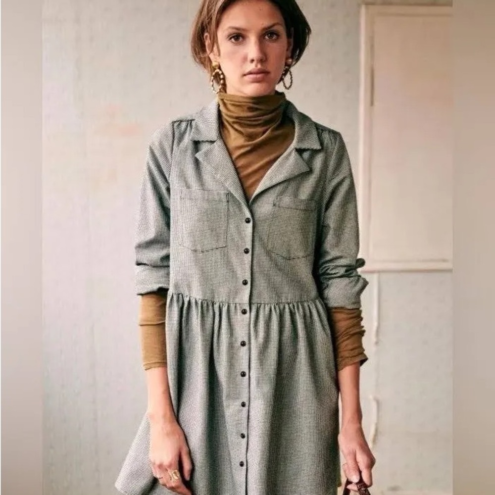 Sezane Long Sleeve Gray Button-Down Dress